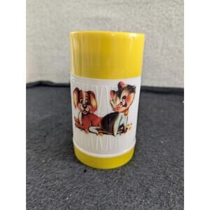 Vintage Kawaii Thermos Bottle with Dog And Cat Yellow And White